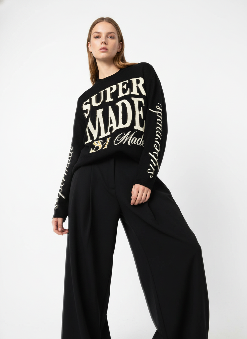 Retro Letter Print Waffle Simplicity Long-Sleeved T-Shirt