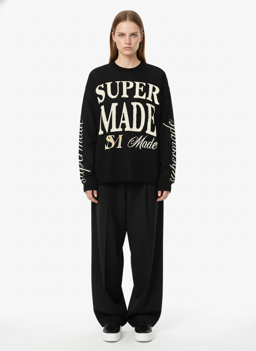 Retro Letter Print Waffle Simplicity Long-Sleeved T-Shirt