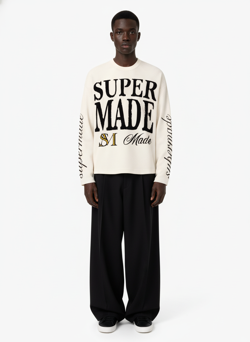 Retro Letter Print Waffle Simplicity Long-Sleeved T-Shirt