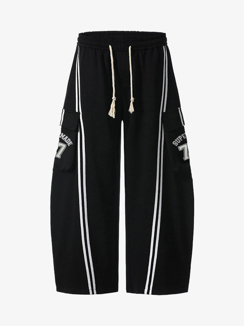 Cotton Web Stitching Letter Print Drawstring Barrel Pants