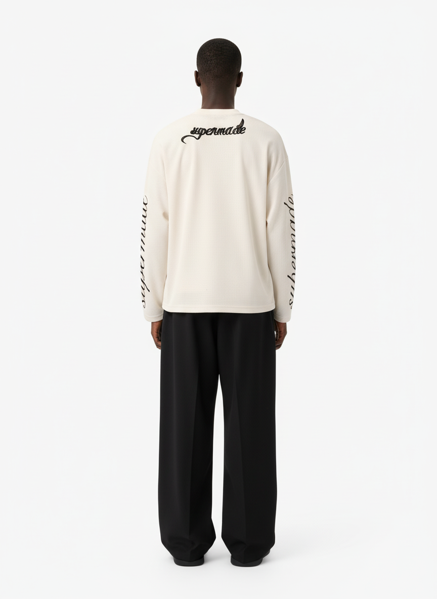 Retro Letter Print Waffle Simplicity Long-Sleeved T-Shirt