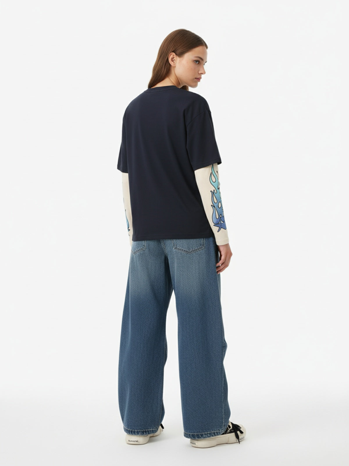 Gradient Letter Print Patchwork Faux Two-Piece Long-Sleeved T-Shirt