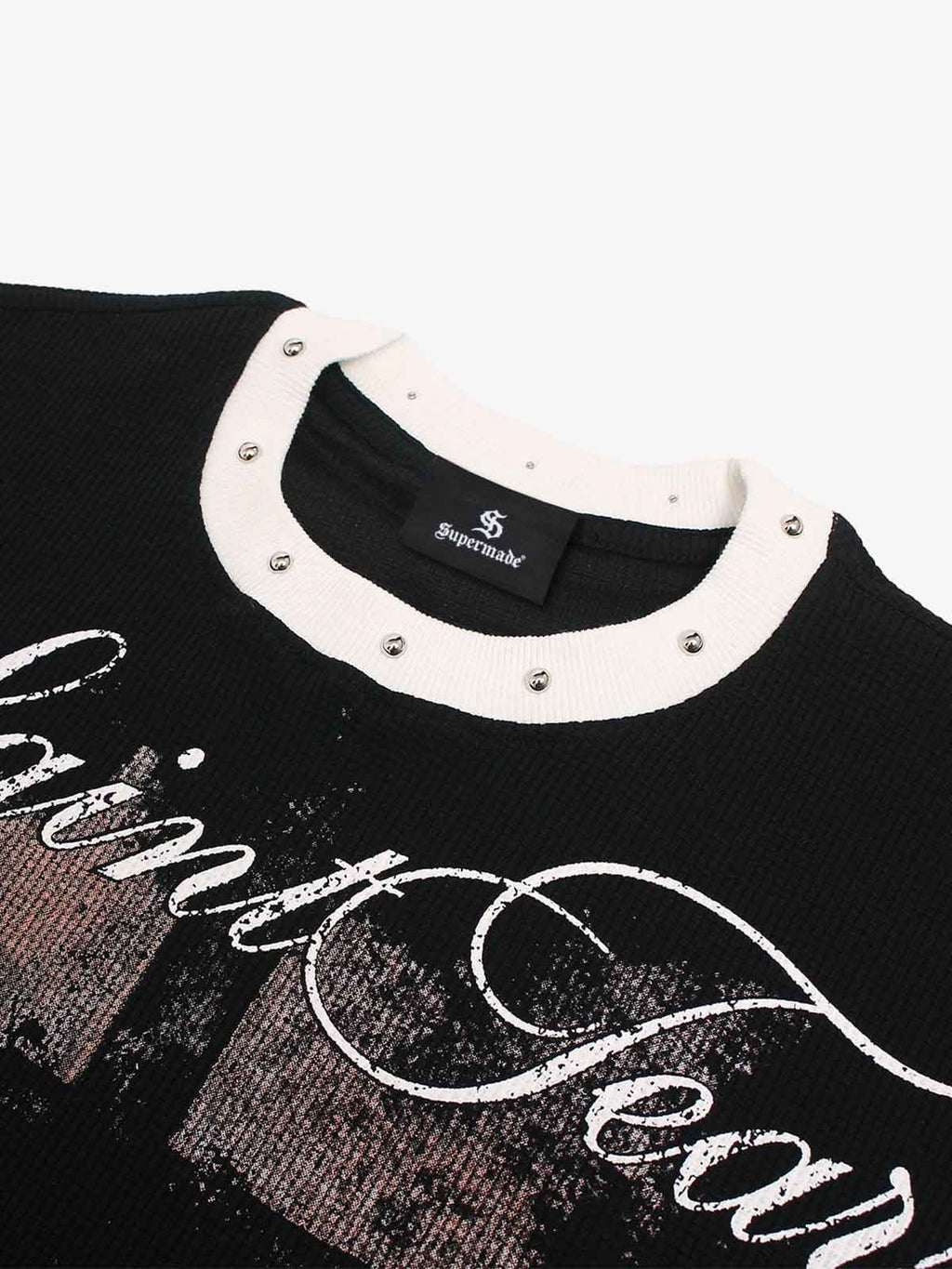 Gothic Cross Print Studded Collar Waffle Knit Graphic T-Shirt