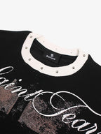 Gothic Cross Print Studded Collar Waffle Knit Graphic T-Shirt