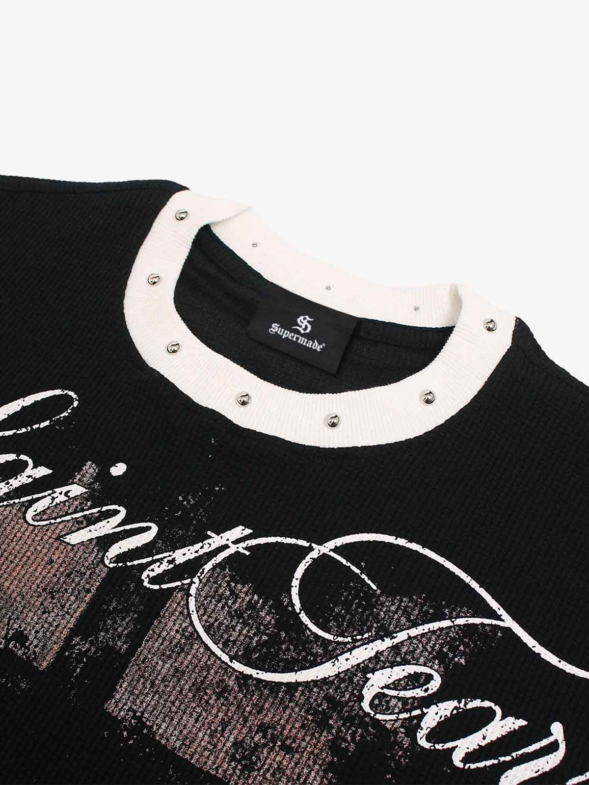 Gothic Cross Print Studded Collar Waffle Knit Graphic T-Shirt