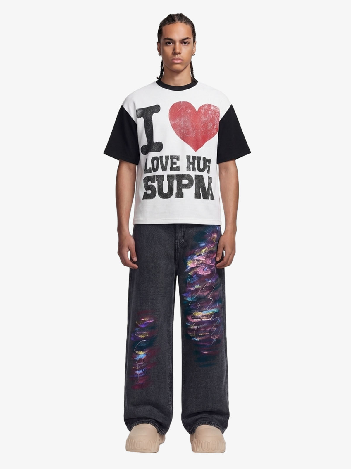 Heart Slogan Graphic Contrast Sleeve Waffle Knit T-Shirt