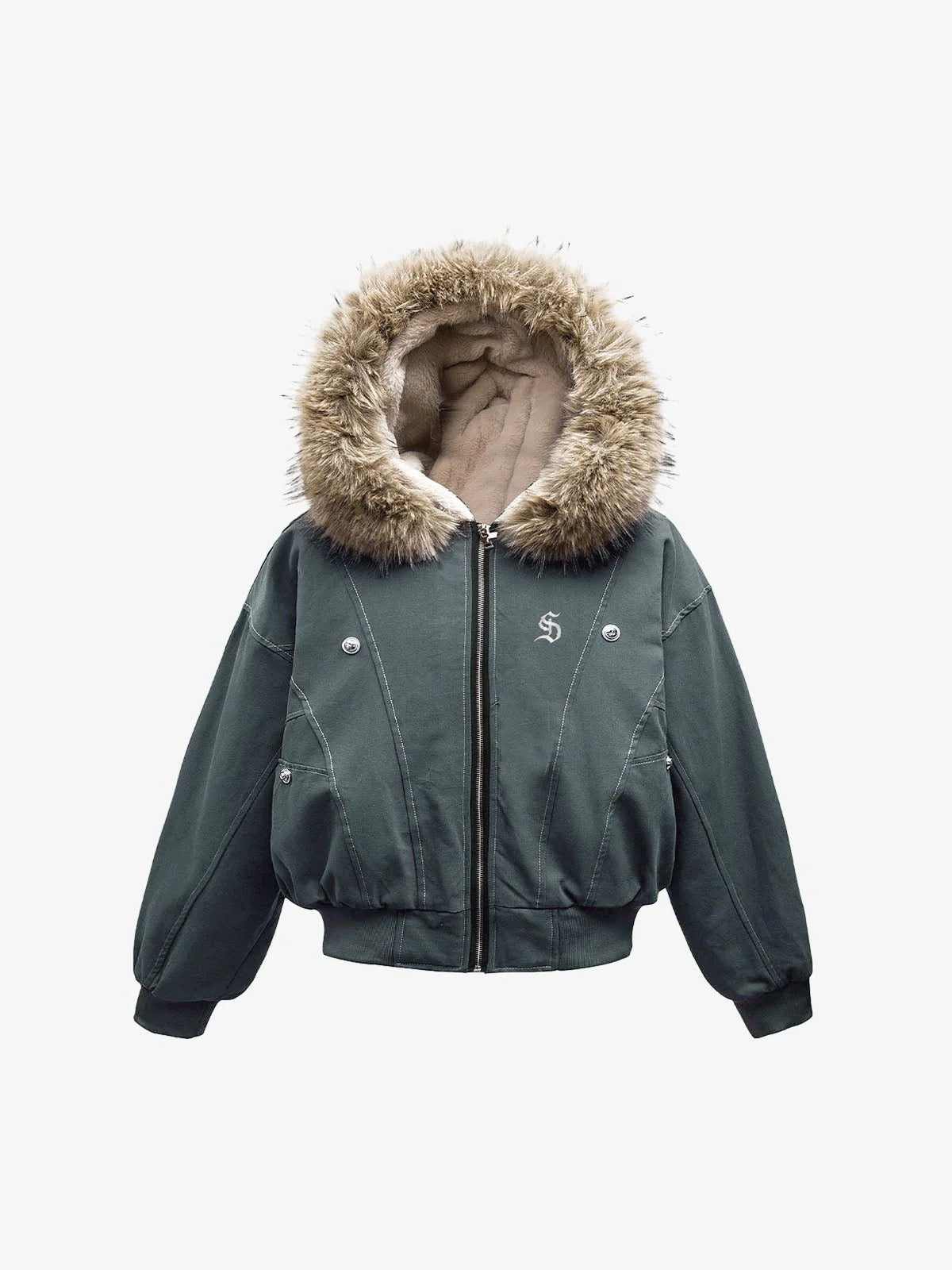 Faux Fur Lined Zip Up Winter Hooded Bomber Jacket - 2560