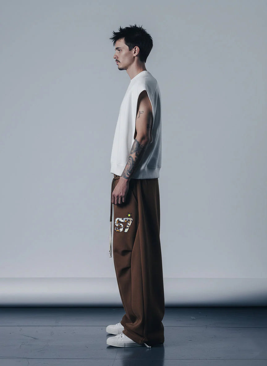 Retro Double-Waist Leopard Patch Barrel Pants - 2564