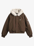 Retro Fur Hooded Fleece Bomber Jacket - 2478