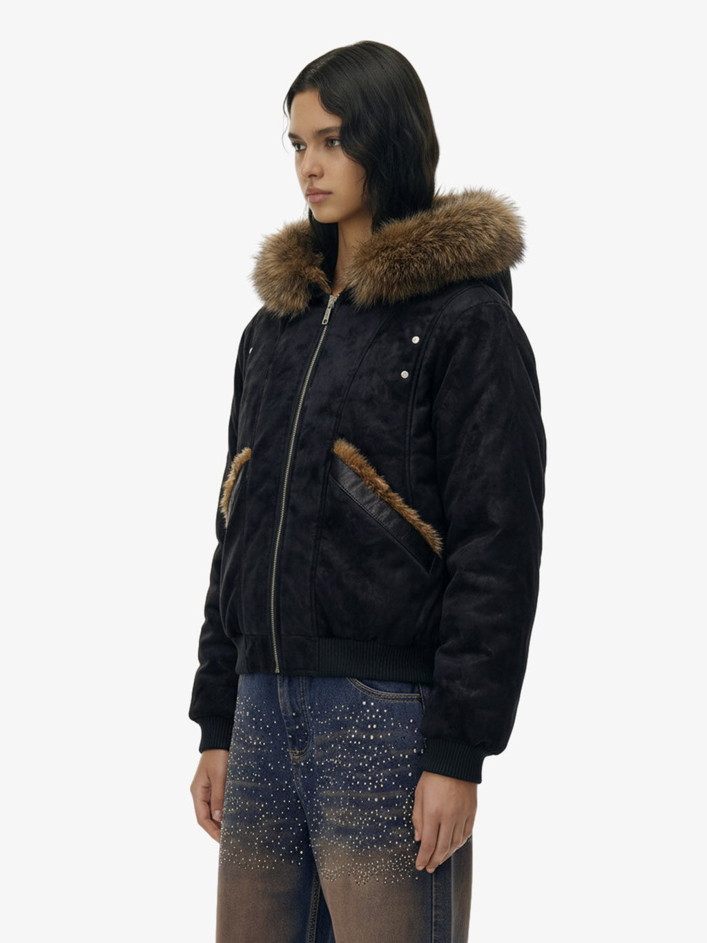 Retro Detachable Faux Fur Collar Suede Fleece Hoodie Jacket