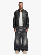 Retro Leather Stand-Collar Elastic Hem Jacket