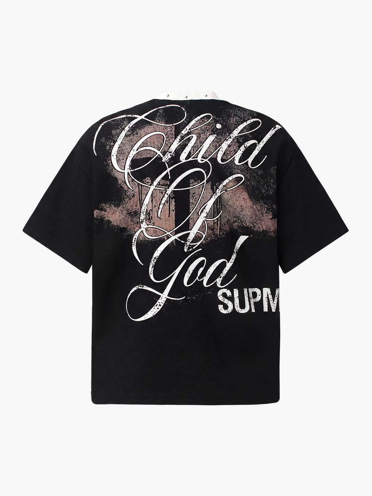 Gothic Cross Print Studded Collar Waffle Knit Graphic T-Shirt