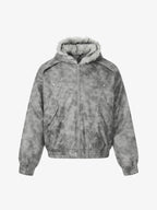 Faux Suede Vintage Wash Fur Hood Padded Jacket - 2553