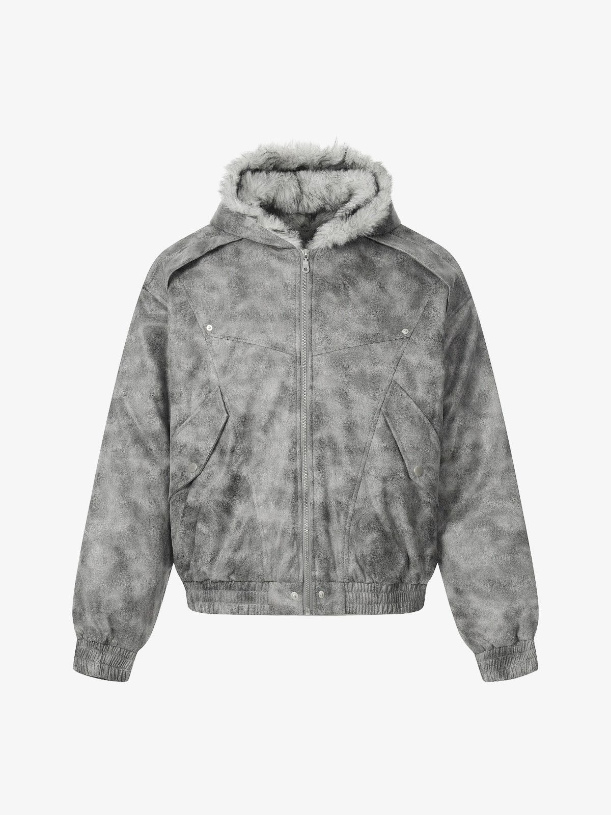 Faux Suede Vintage Wash Fur Hood Padded Jacket - 2553