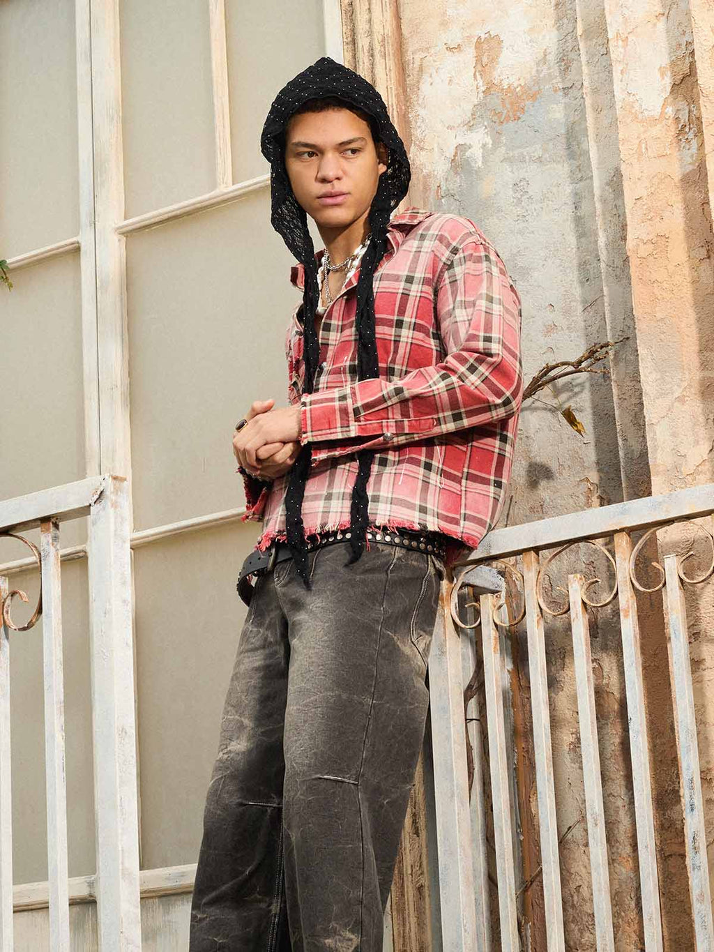 Paint Splatter Plaid Frayed Hem Button Up Shirt