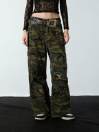 Woven Ripped Camouflage Cargo Baggy Pants - 2410