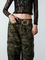 Woven Ripped Camouflage Cargo Baggy Pants - 2410