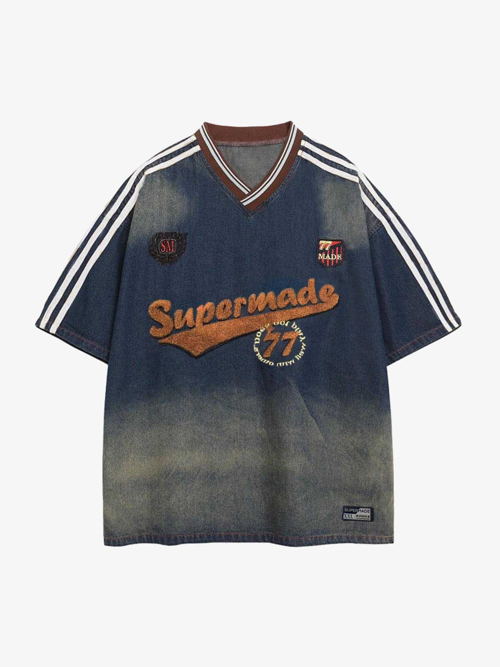 Denim Vintage Washed Distressed Gradient Embroidery T-Shirt
