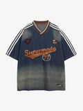 Denim Vintage Washed Distressed Gradient Embroidery T-Shirt