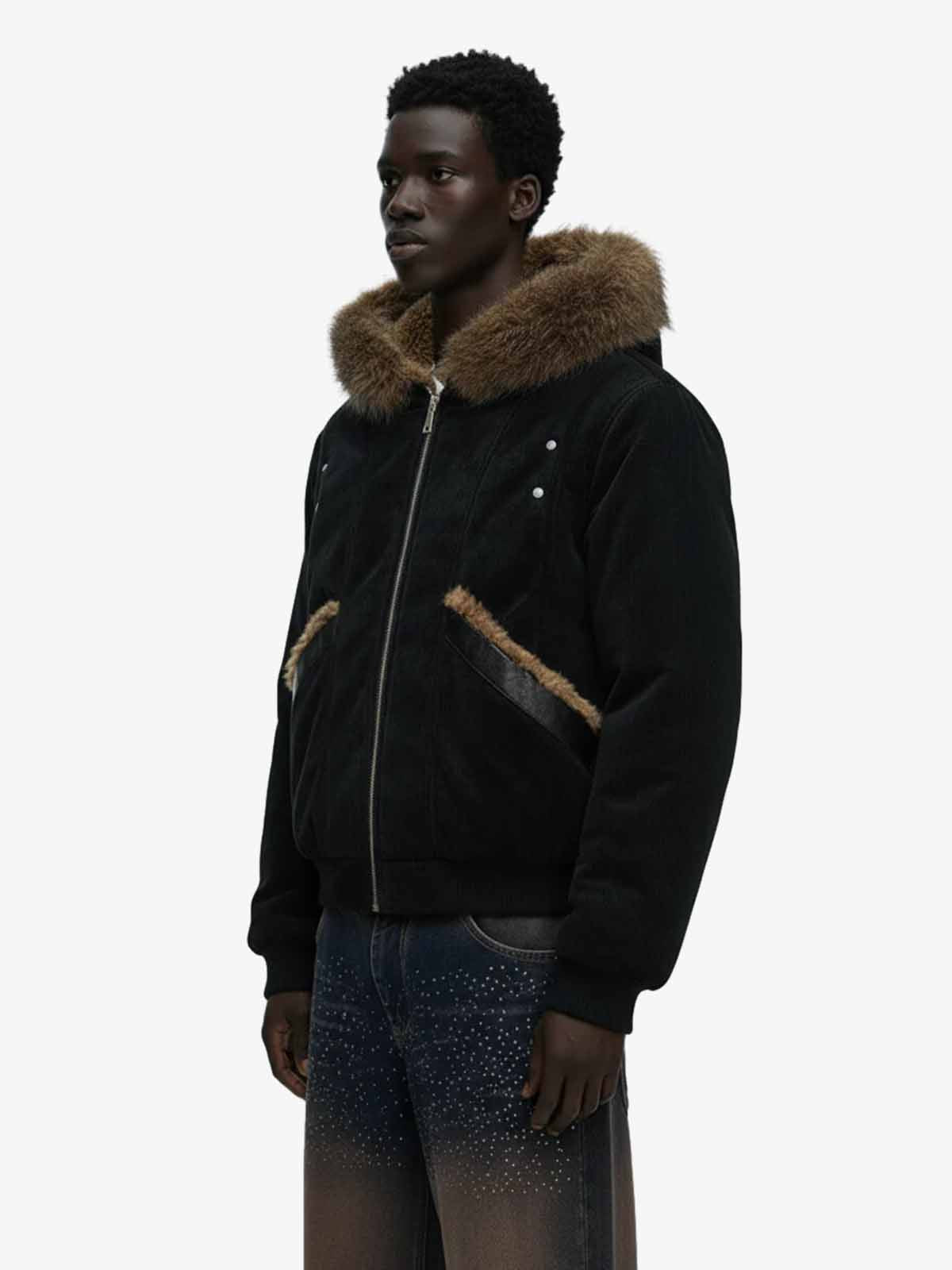 Retro Detachable Faux Fur Collar Suede Fleece Hoodie Jacket