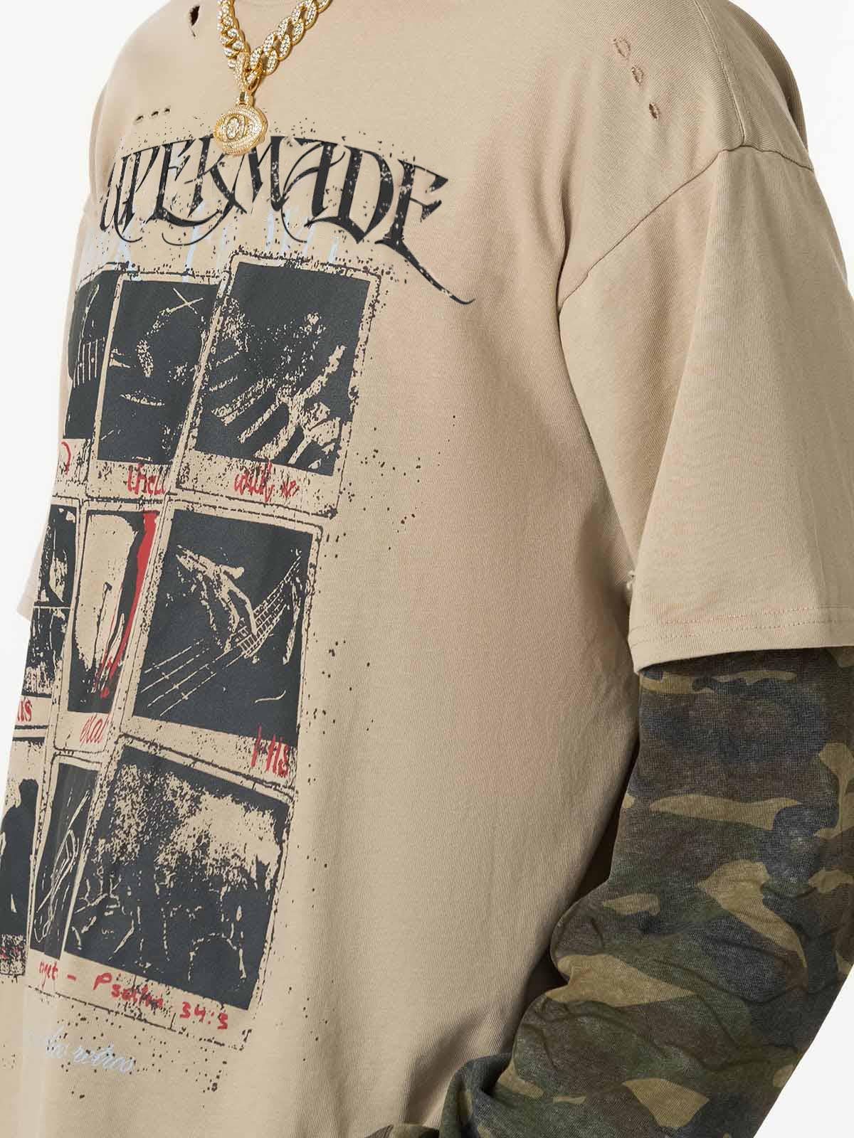 Jersey Distressed Camouflage Faux Two-Piece Graphic T-Shirt - 2420