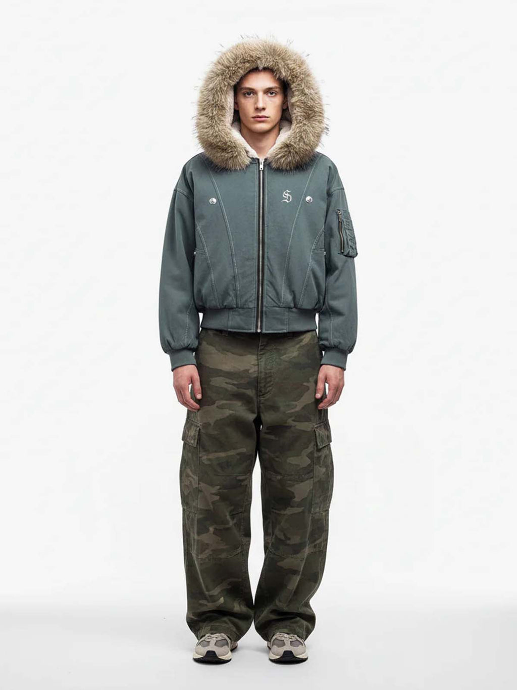 Faux Fur Lined Zip Up Winter Hooded Bomber Jacket - 2560