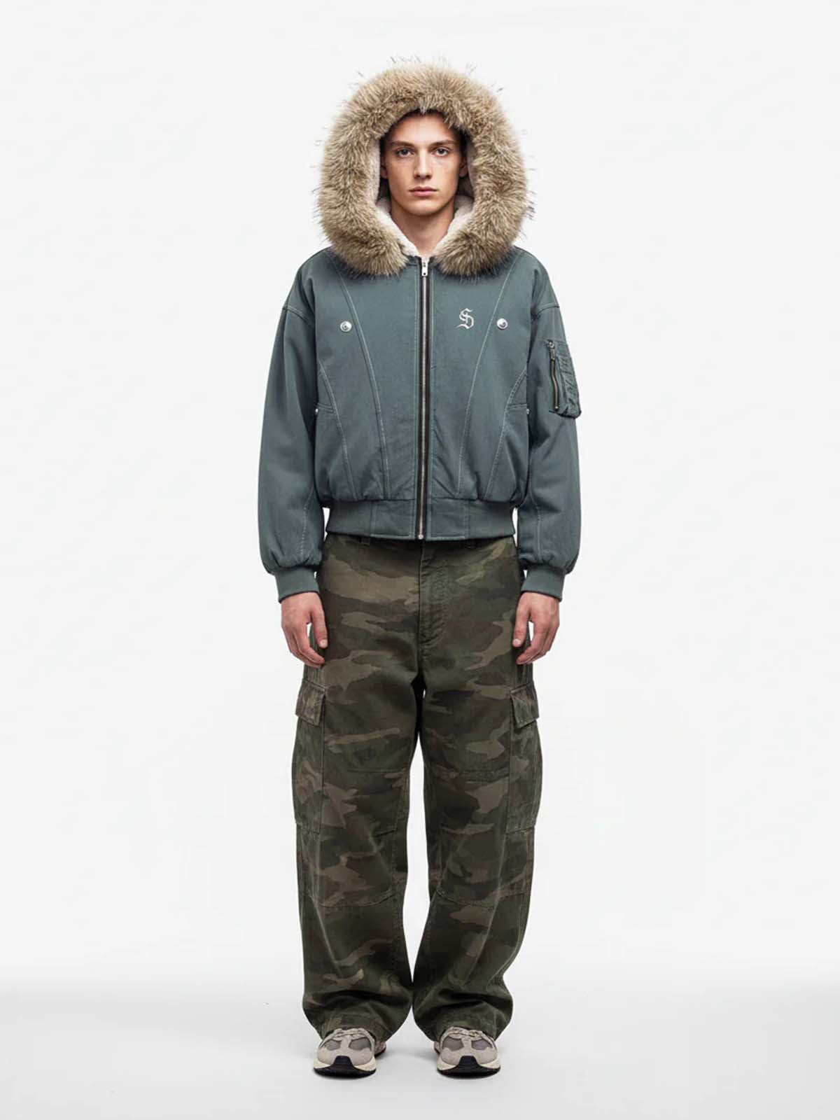 Faux Fur Lined Zip Up Winter Hooded Bomber Jacket - 2560