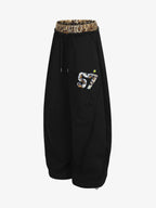 Retro Double-Waist Leopard Patch Barrel Pants - 2564
