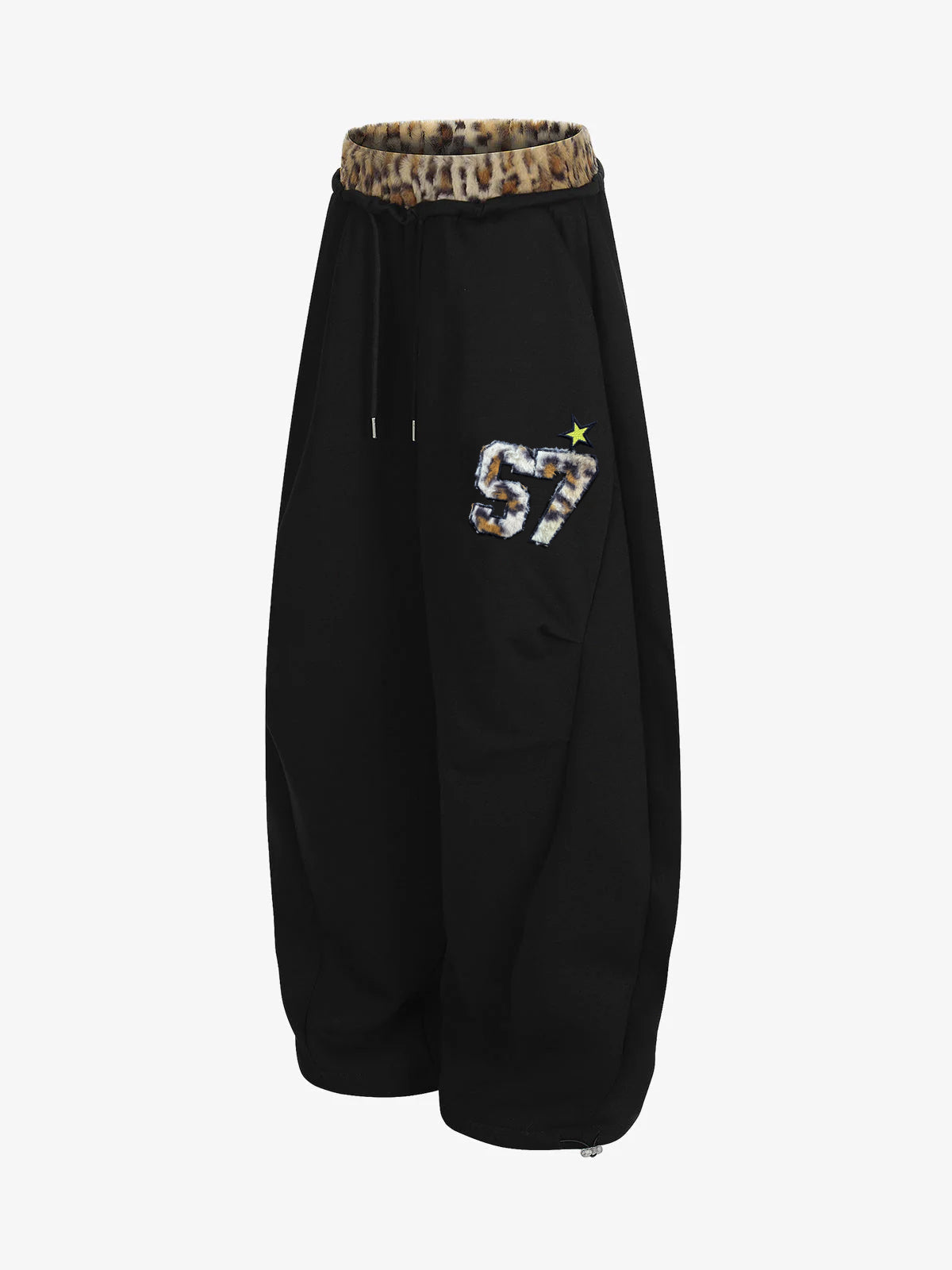 Retro Double-Waist Leopard Patch Barrel Pants - 2564