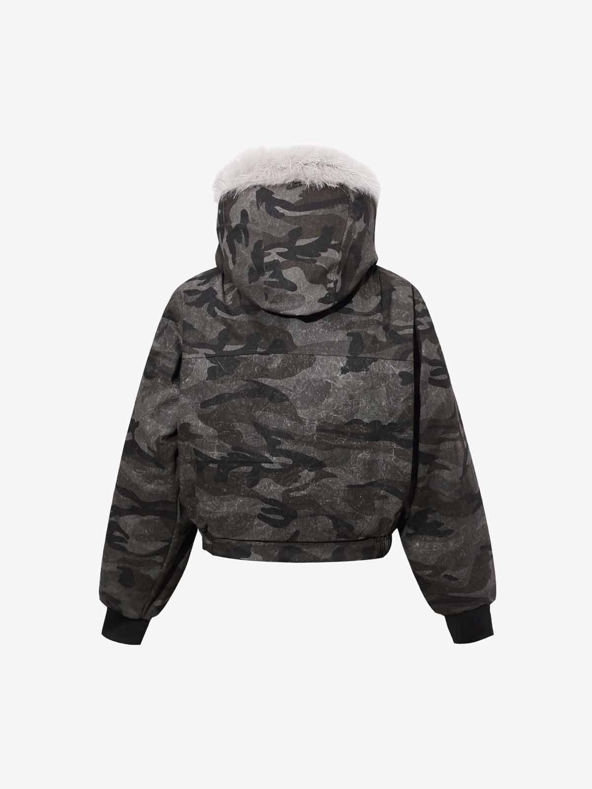 Vintage Camo Faux Fur Hood Padded Bomber Jacket