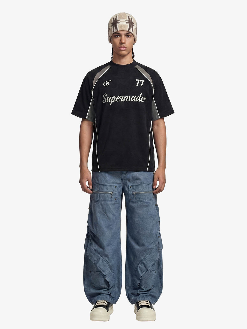 Suede Logo Embroidered Patchwork Short Sleeve T-Shirt