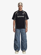 Suede Logo Embroidered Patchwork Short Sleeve T-Shirt