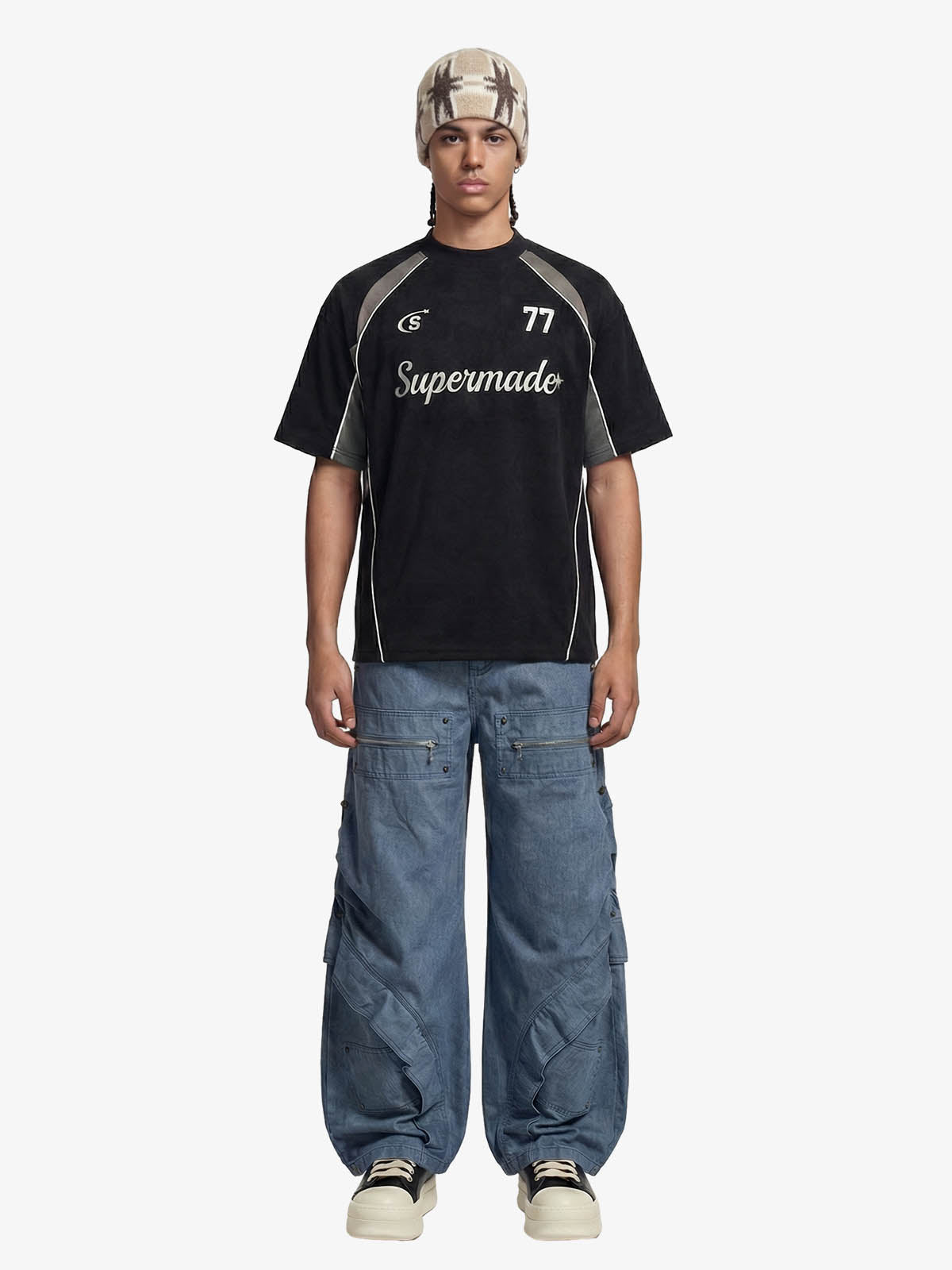 Suede Logo Embroidered Patchwork Short Sleeve T-Shirt