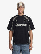 Suede Logo Embroidered Patchwork Short Sleeve T-Shirt