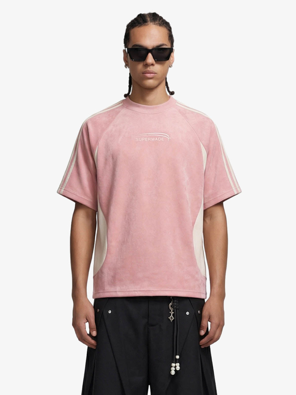 Suede Panel precipice Embroidered Short Sleeve T-Shirt - 2616