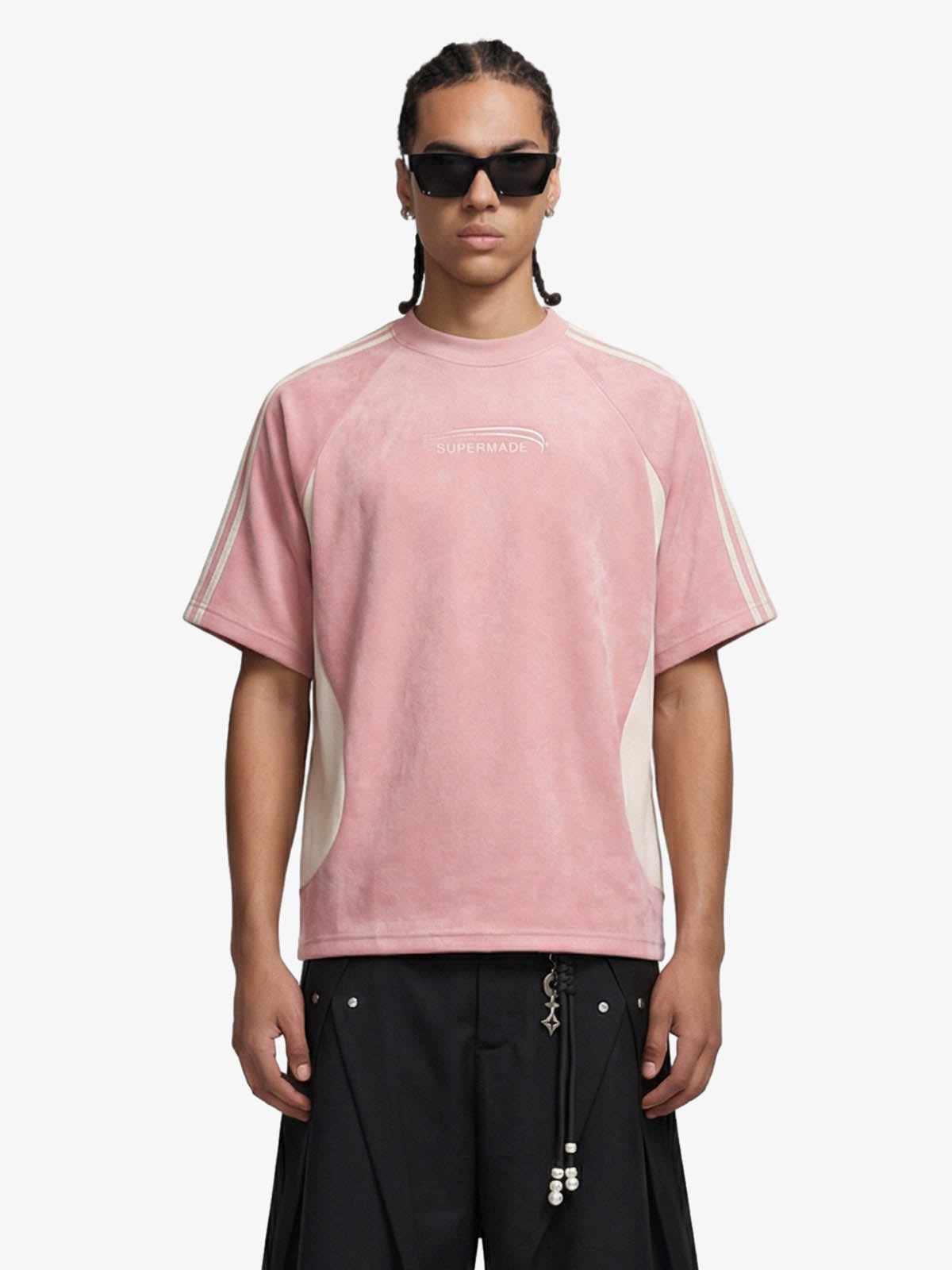 Suede Panel precipice Embroidered Short Sleeve T-Shirt - 2616