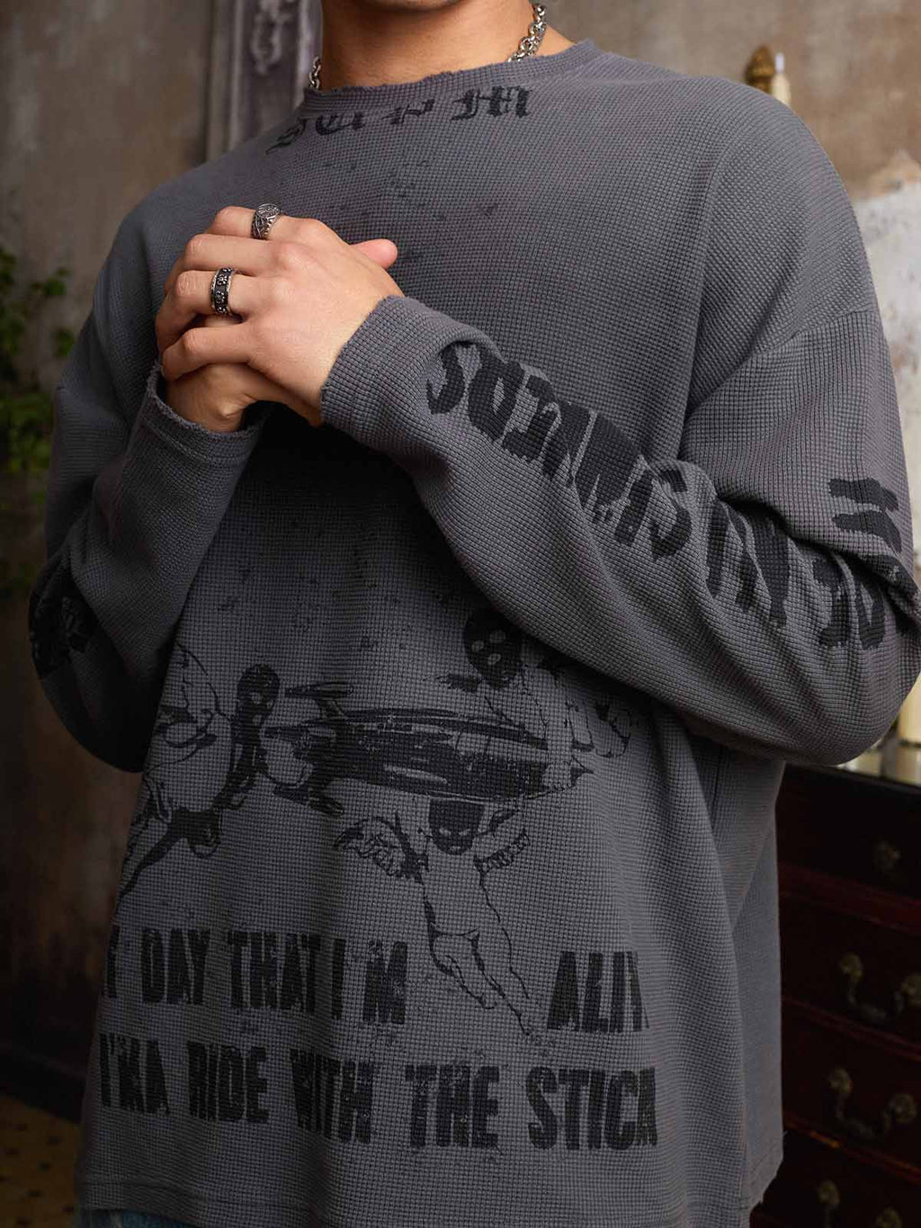 Waffle-Knit Distressed Gradient Print Long T-Shirt
