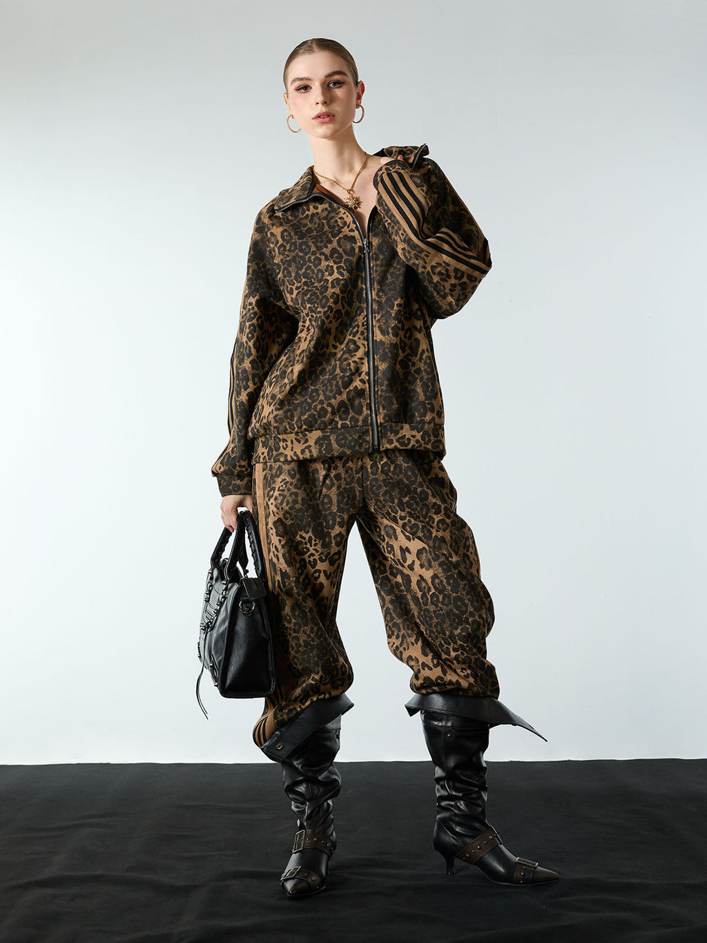 French Terry Cheetah Print Suede Tracksuit - 2277