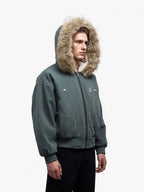 Faux Fur Lined Zip Up Winter Hooded Bomber Jacket - 2560