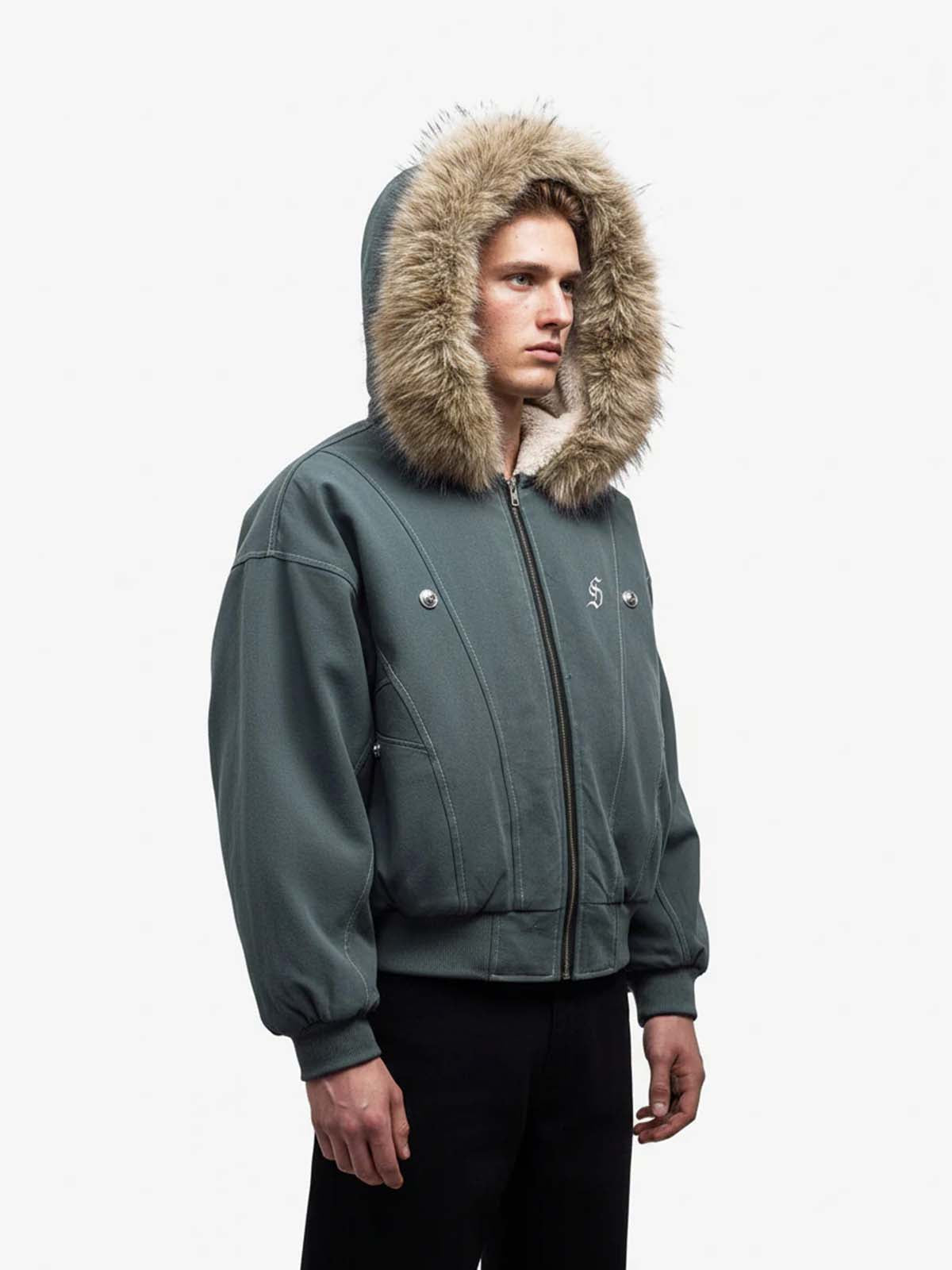 Faux Fur Lined Zip Up Winter Hooded Bomber Jacket - 2560