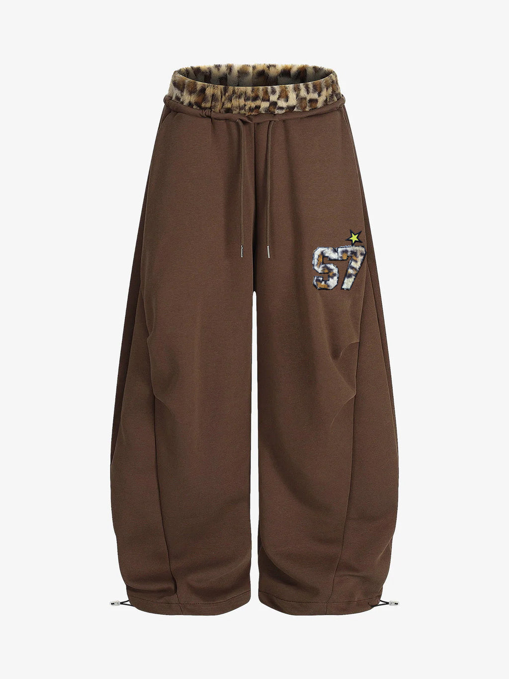 Retro Double-Waist Leopard Patch Barrel Pants - 2564