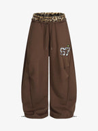 Retro Double-Waist Leopard Patch Barrel Pants - 2564