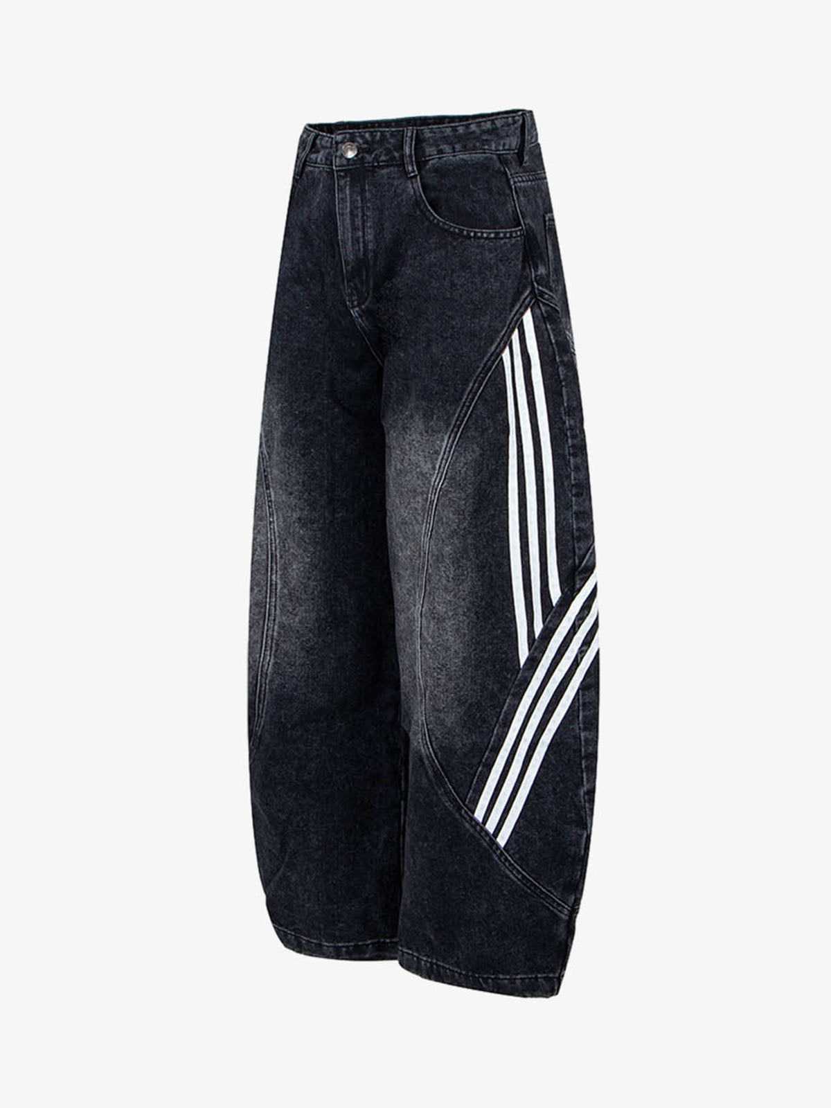 Contrast Stripe Panel Barrel Denim Jeans - 2607