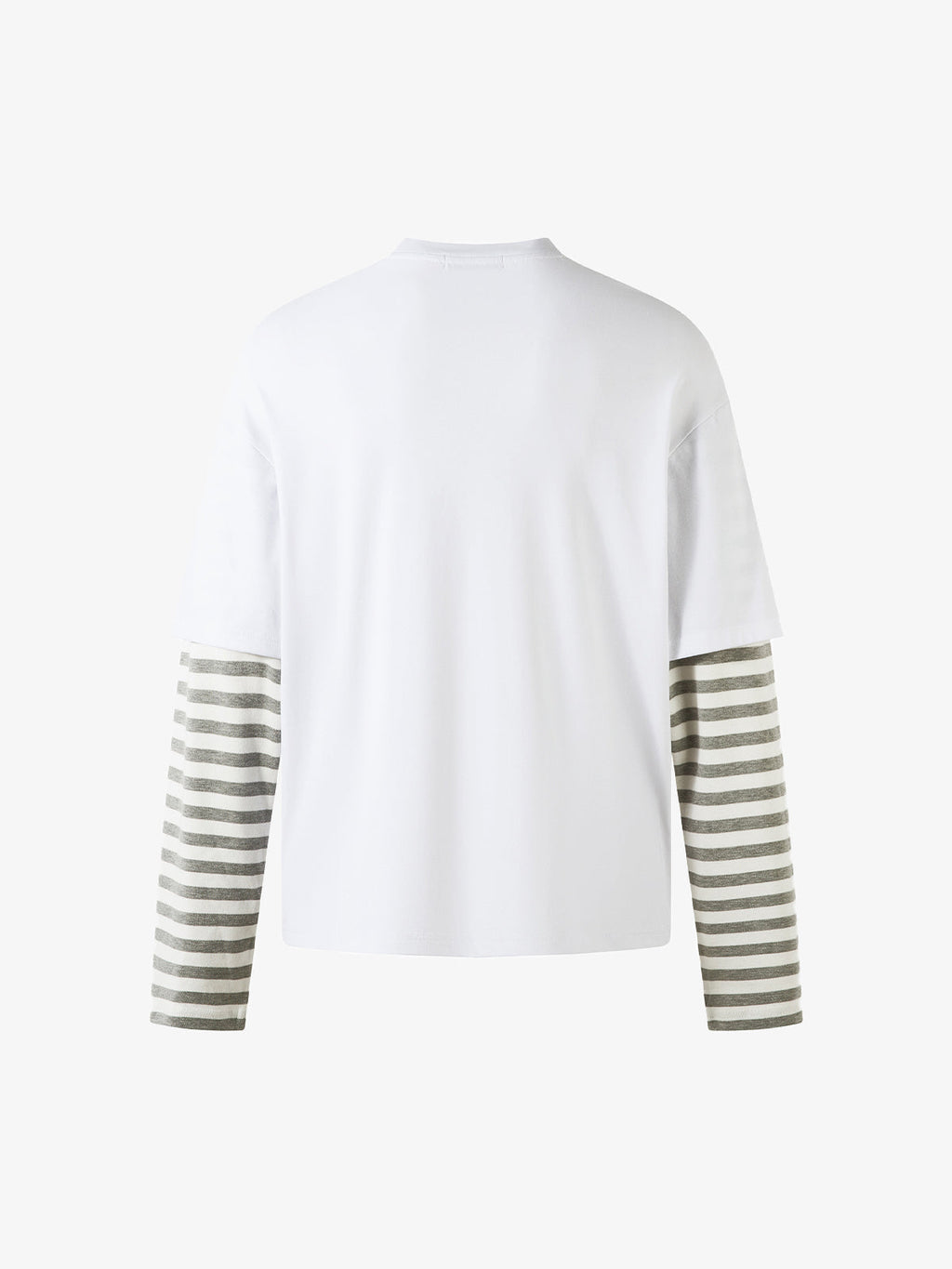 Cartoon Print Striped Sleeve Faux Two-Piece Long-Sleeve T-Shirt