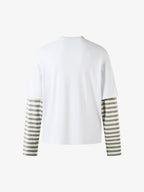 Cartoon Print Striped Sleeve Faux Two-Piece Long-Sleeve T-Shirt