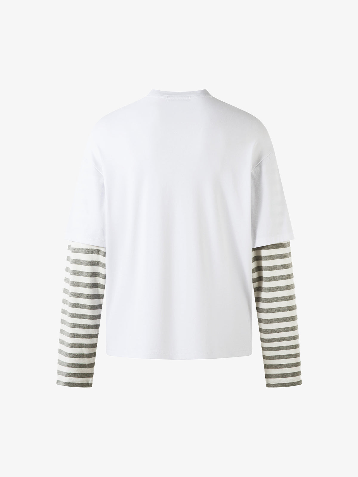 Cartoon Print Striped Sleeve Faux Two-Piece Long-Sleeve T-Shirt