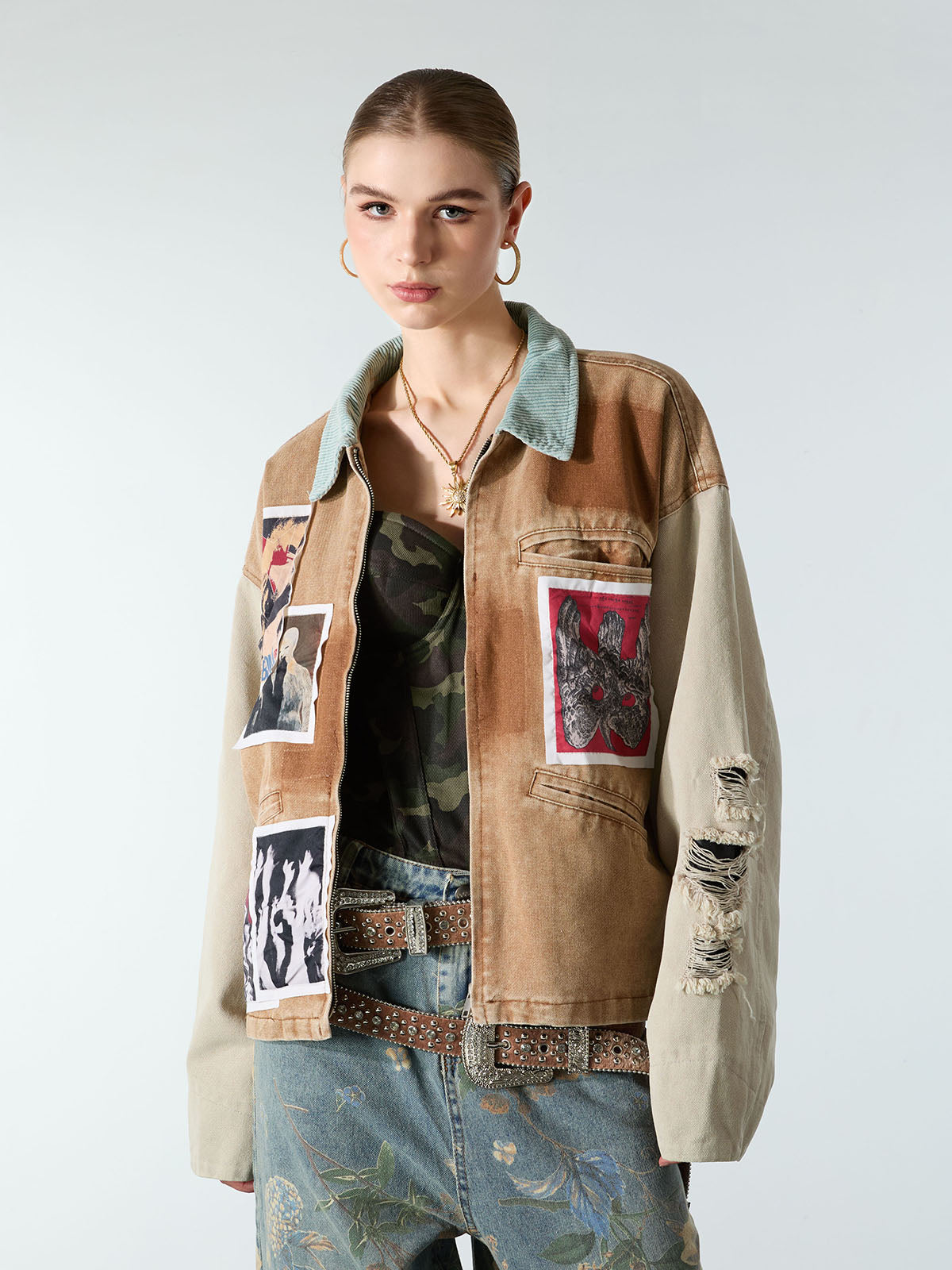Punk Retro Collage Print Distressed Heavy Jacket - 2539