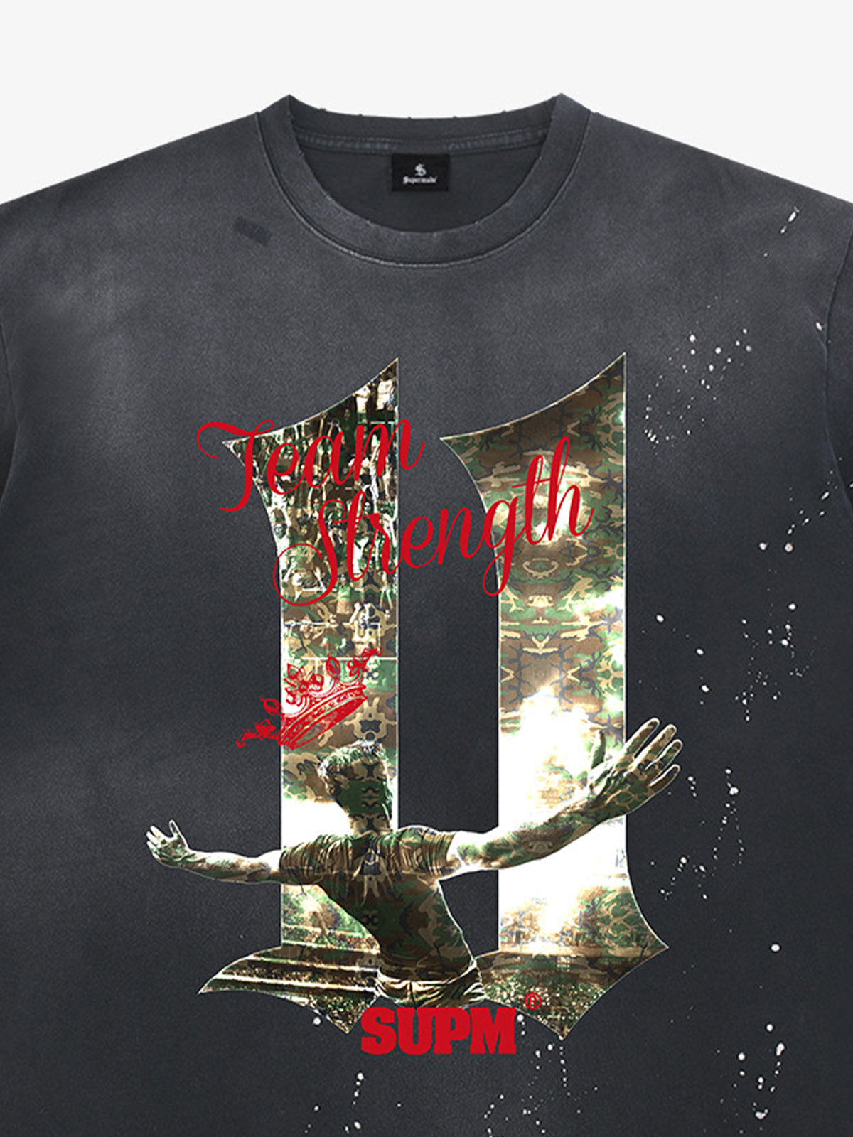 Washed Distressed "Team Strength 11" Graphic T-Shirt