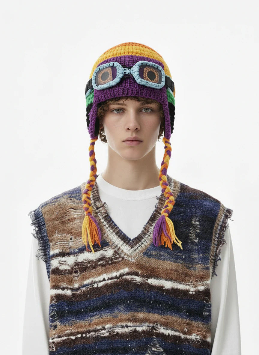 Colorblock Crochet Goggles Trapper Hat