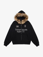 Letter Medal Embroidered Cardigan Fur Collar Zip Up Hoodie- 2502